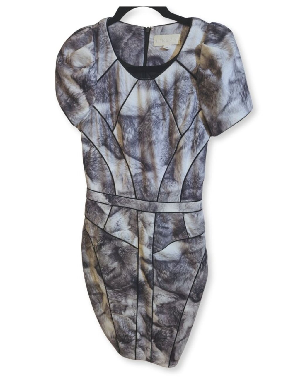 Bensoni Gray & Ivory Fur Print Cap Sleeve Sheath Dress Size 6